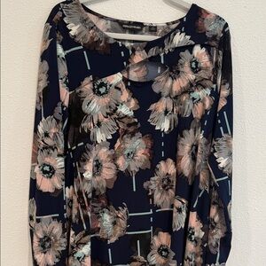 Nina Leonard Navy Floral Cutout Long-Sleeve Dress